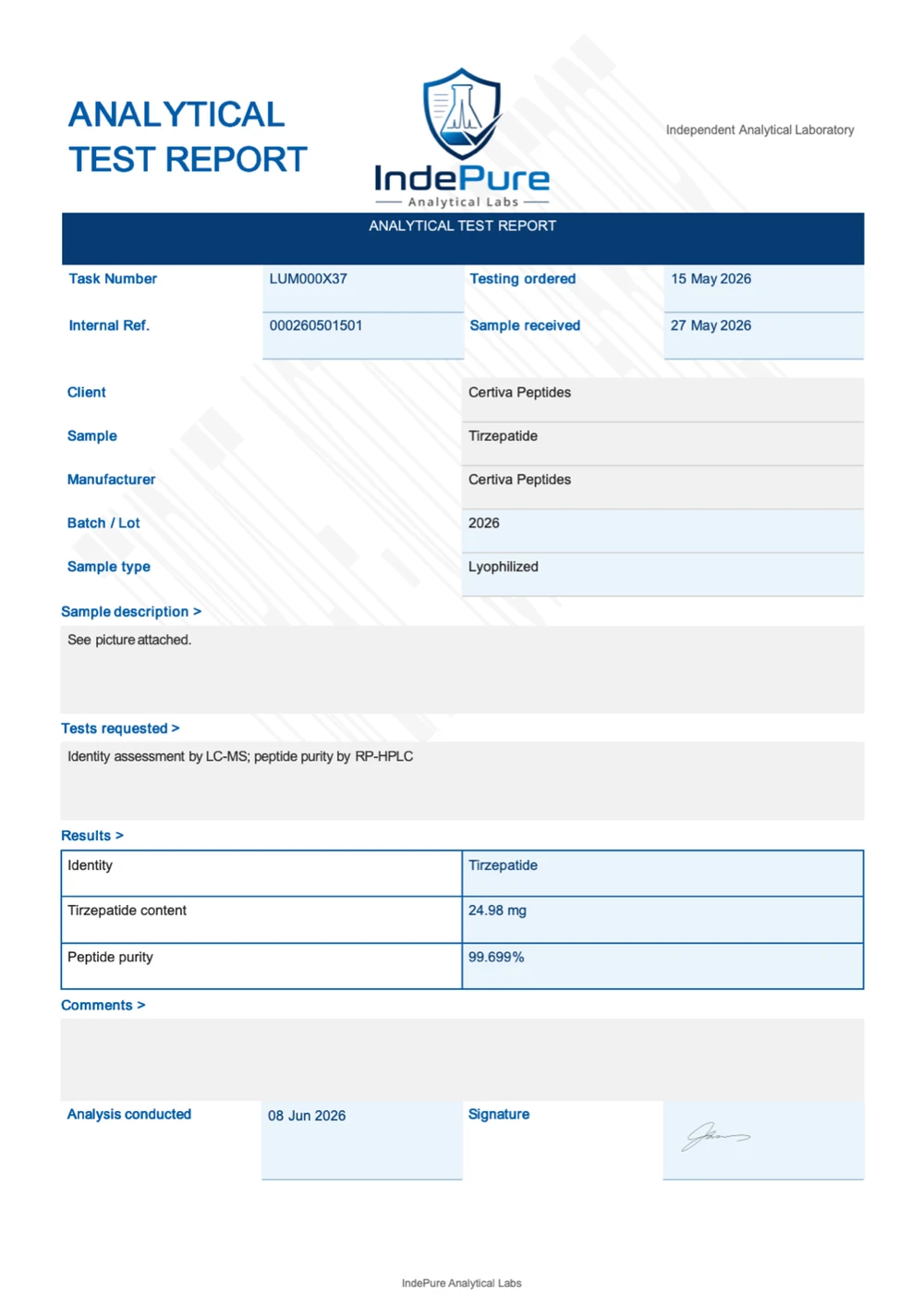 Certificate of Analysis — Certiva Tirzepatide, batch 2026, 99.699% HPLC purity