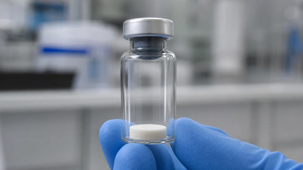 Illustrative close-up of a sealed vial containing a compact white lyophilized cake