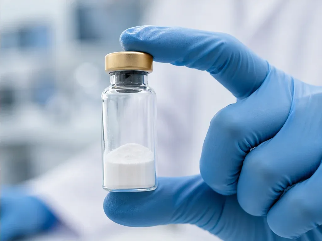 One peptide evaluation vial compared with organized bulk cartons, batch documents, and shipping controls