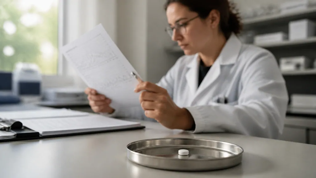 Unlabeled oral research tablet on a metal sample dish as a scientist reviews a blurred clinical chart in natural light
