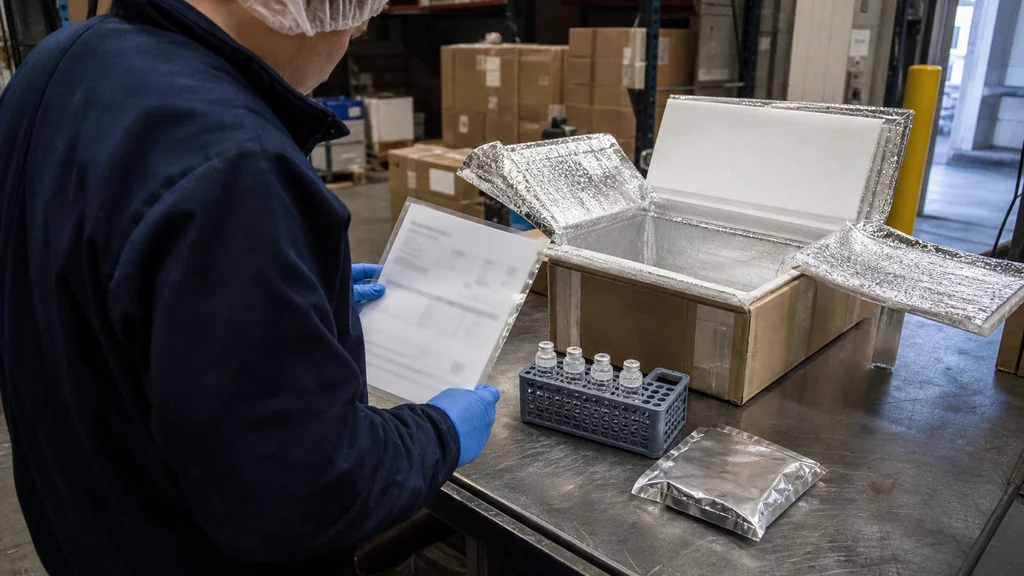 Amylin peptide sourcing review with sealed research vials, batch paperwork, insulated packaging, and a warehouse quality inspector