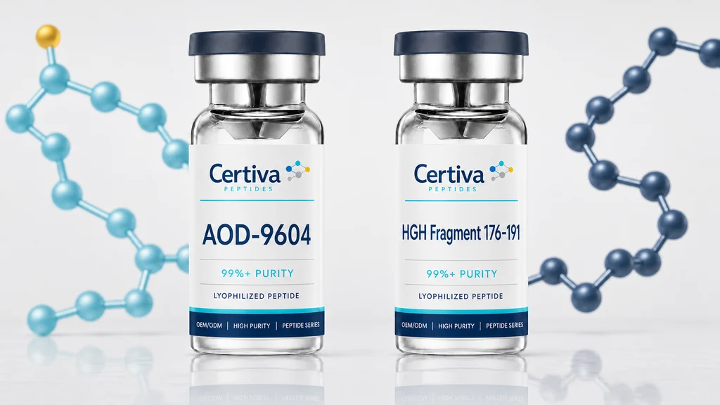 AOD-9604 and HGH Fragment 176-191 research vials beside original and modified peptide sequence paths