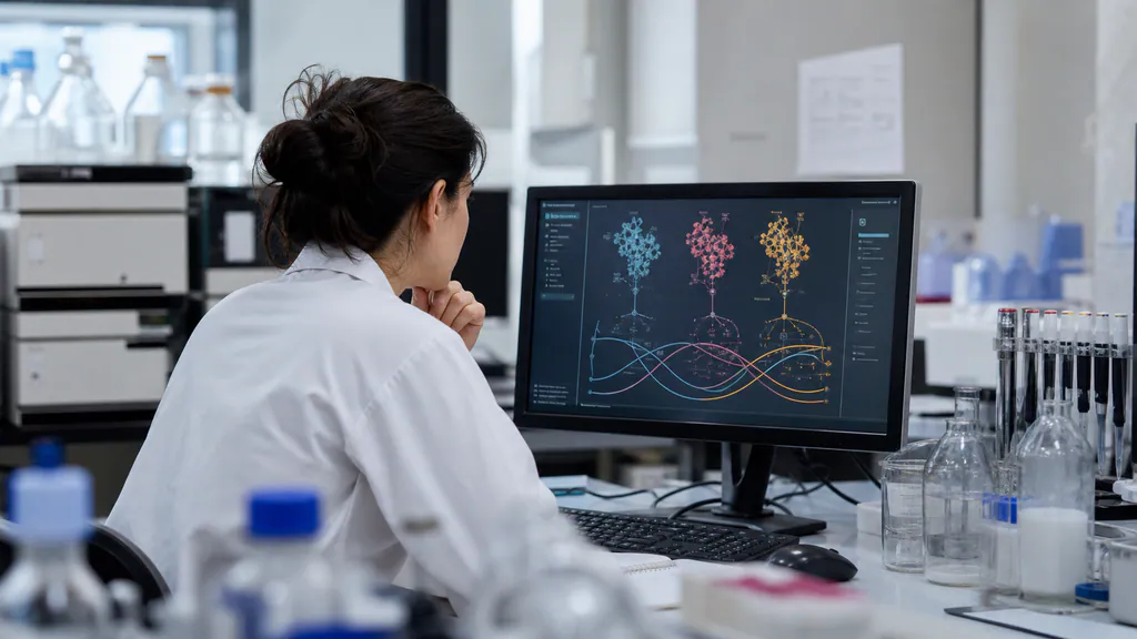 Metabolic researcher reviewing three investigational receptor pathways for BI 3034701 in a working laboratory