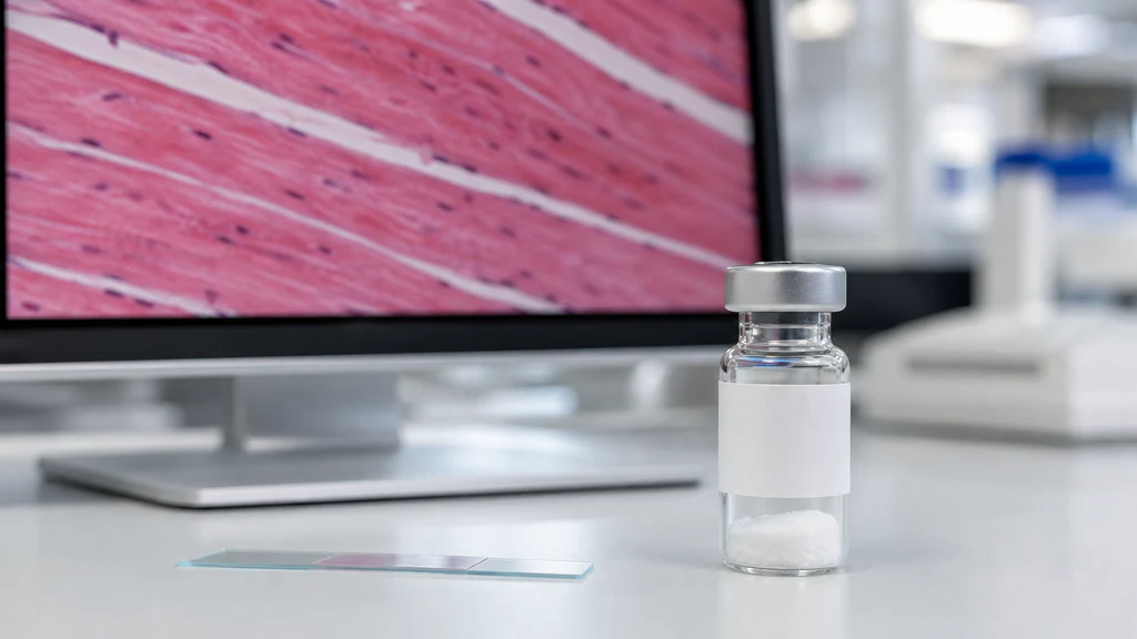 BPC-157 research vial beside a laboratory display of muscle fibers