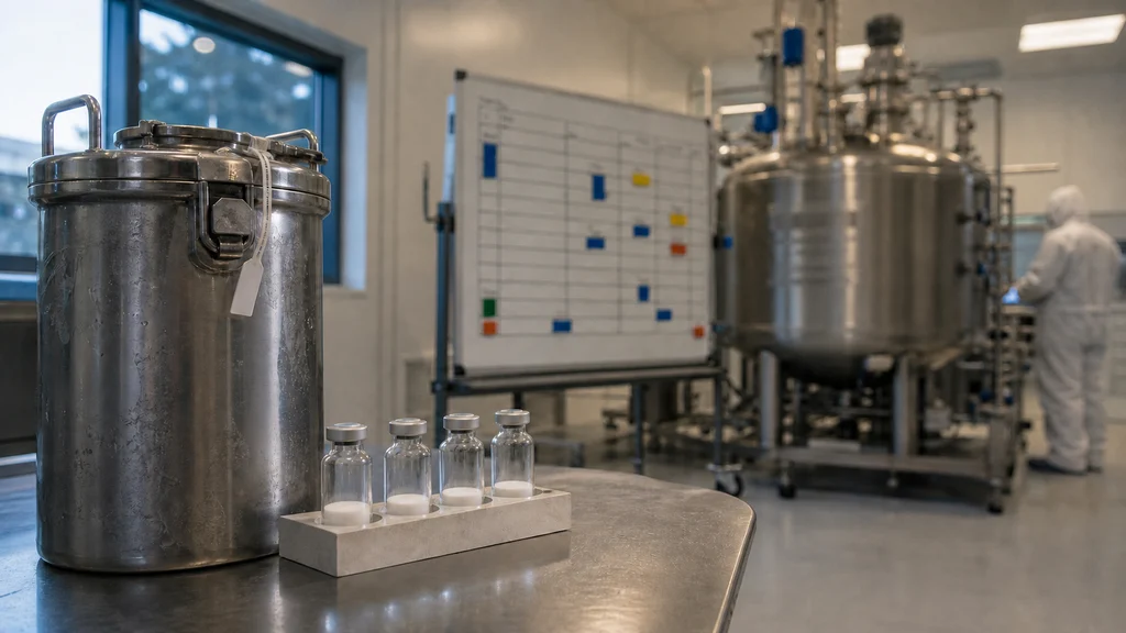 Bulk GLP-1 peptide capacity planning scene with sealed research vials, transfer canister, production board, and manufacturing equipment