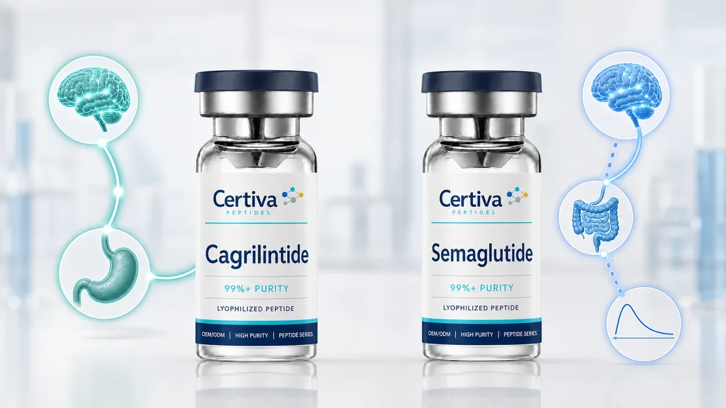 Certiva Cagrilintide and Semaglutide research vials compared with simple amylin and GLP-1 signal paths