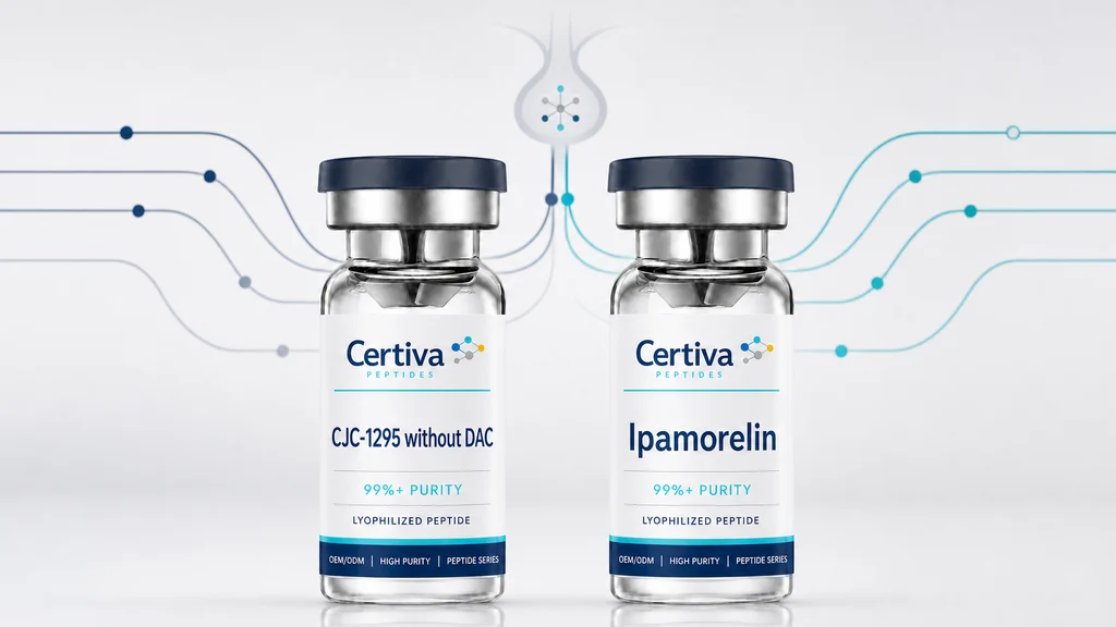CJC-1295 and Ipamorelin research peptide vials beside two converging growth hormone signaling paths