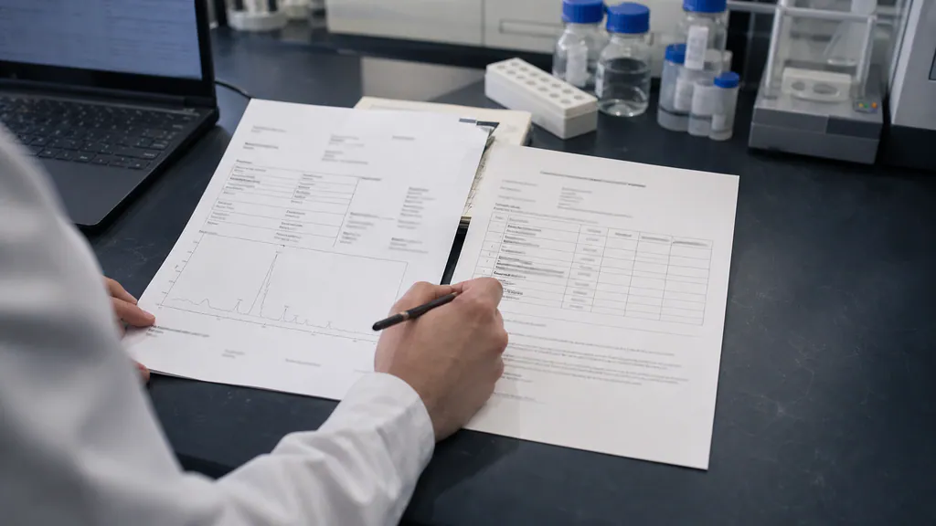Quality reviewer comparing a peptide batch Certificate of Analysis with its controlled specification sheet