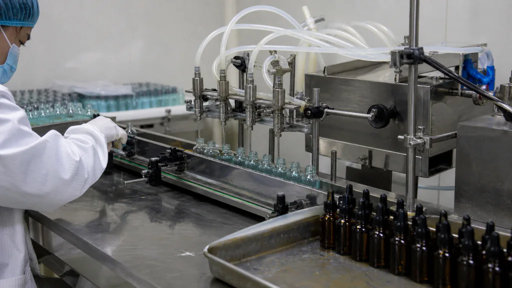Masked production operator checking pale blue copper peptide serum bottles on a working cosmetic OEM filling line