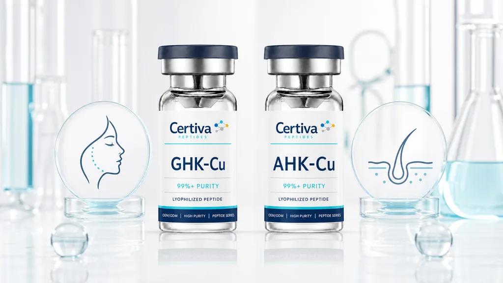 Certiva GHK-Cu and AHK-Cu cosmetic active vials beside simple face and scalp icons