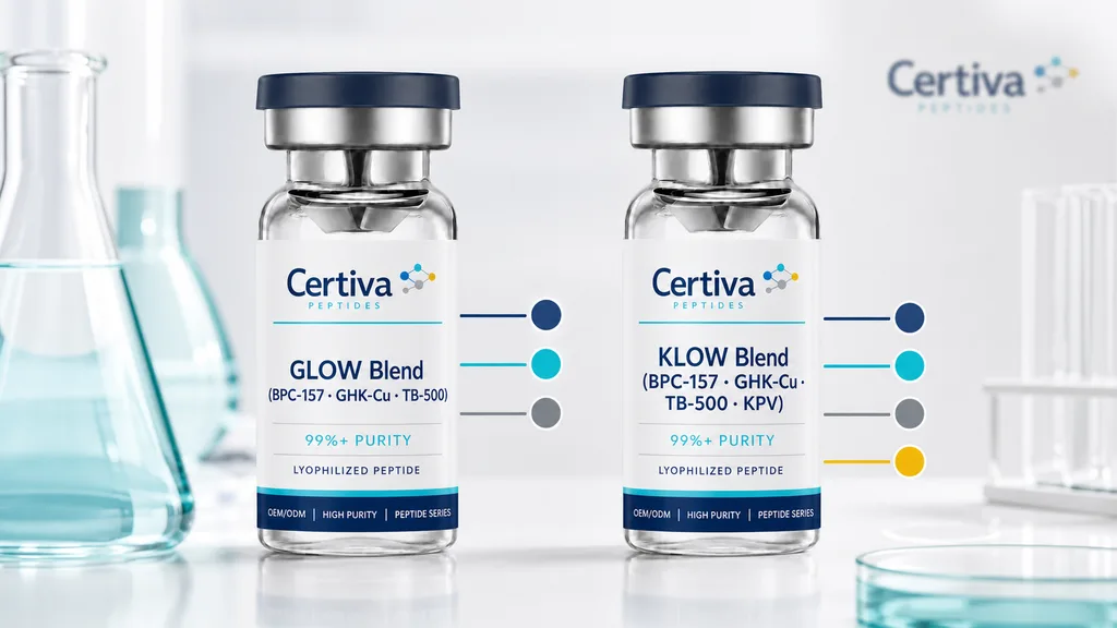 Certiva GLOW-70 and KLOW-80 research blend vials compared with three and four colored peptide paths