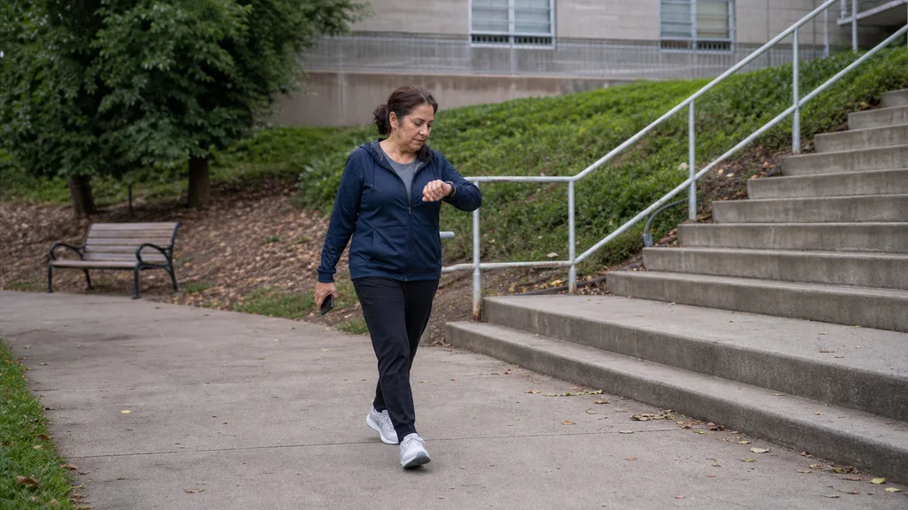 Adult wearing an activity tracker walking past an outdoor staircase while reviewing daily movement on a phone