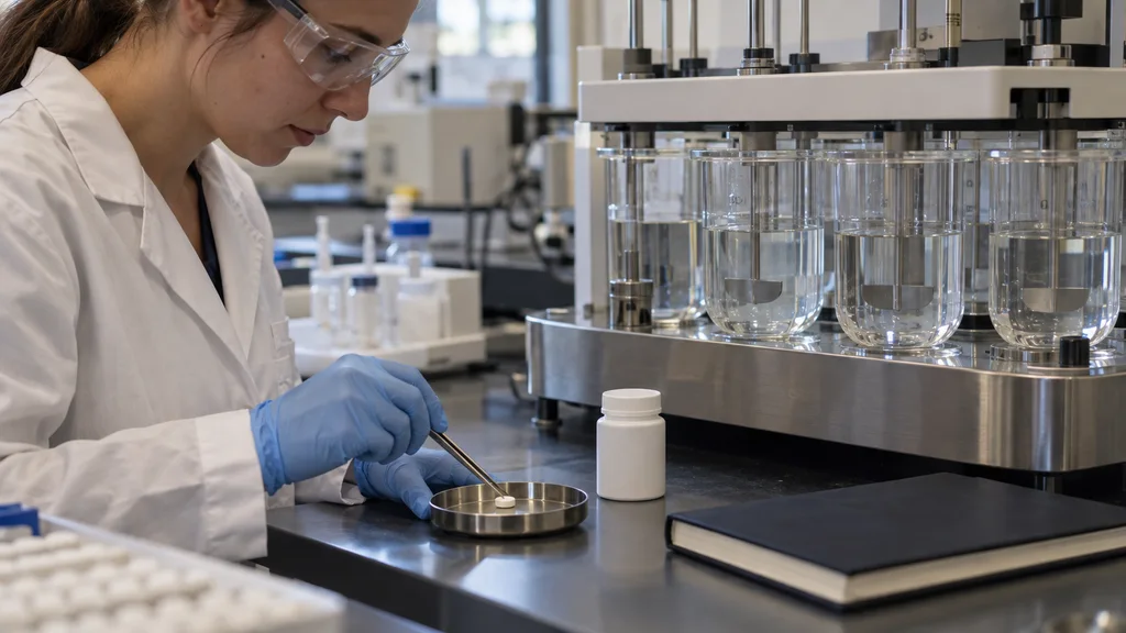 Formulation scientist placing an unlabeled tablet into a sample dish beside a dissolution tester in a real laboratory