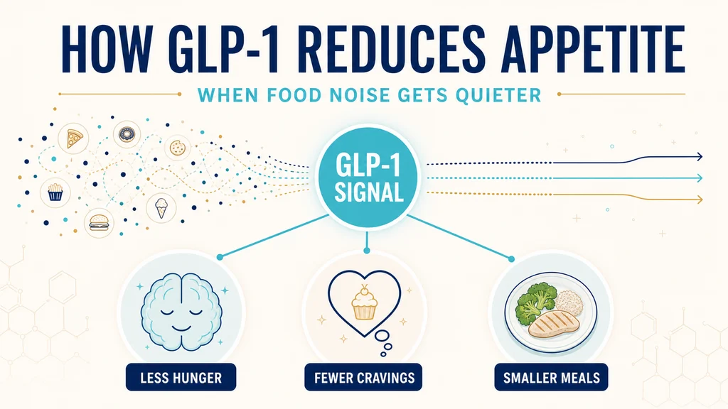 Diagram explaining how GLP-1 signaling can reduce hunger and cravings and make smaller meals feel satisfying