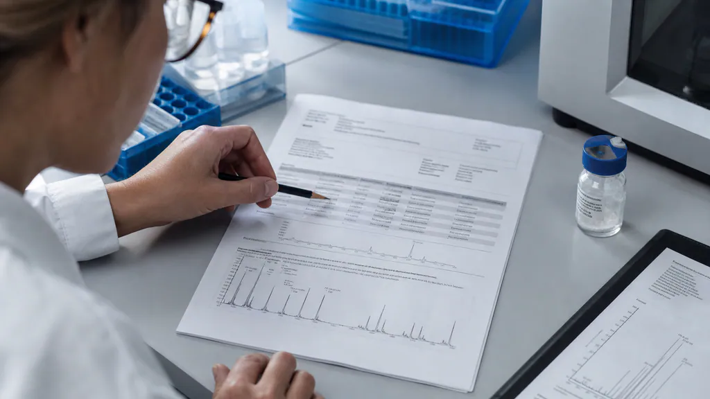 Analytical scientist matching a peptide batch report and chromatogram to a sealed research sample