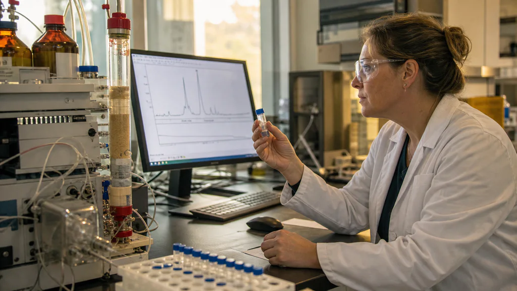 Scientist reviewing MariTide chromatography data in a bioconjugation laboratory