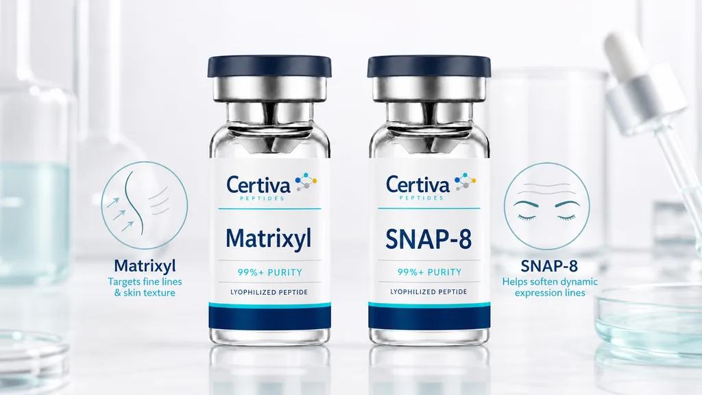Certiva Matrixyl and SNAP-8 cosmetic active vials beside simple fine-line and expression-line face diagrams