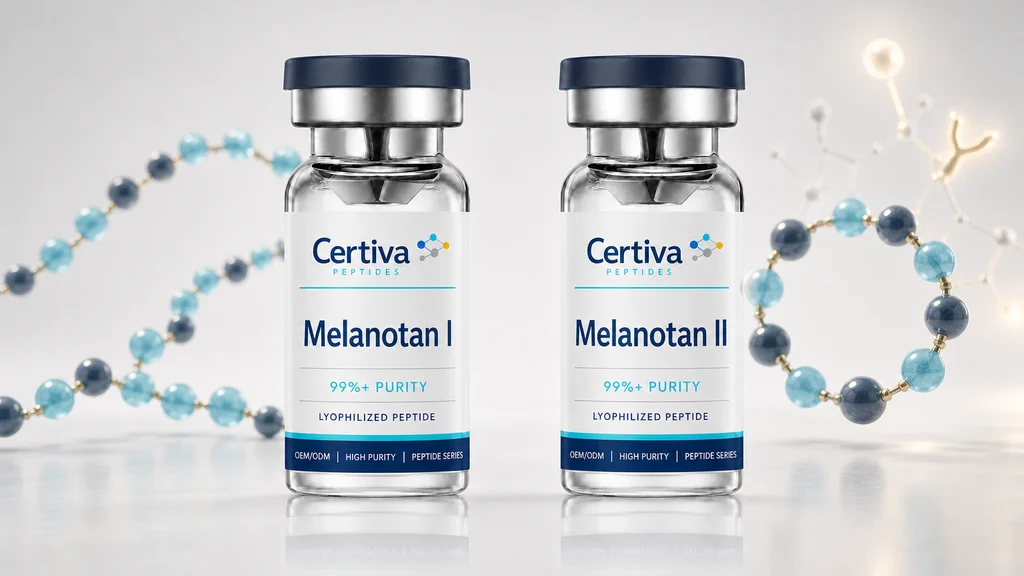 Melanotan 1 and Melanotan 2 research peptide vials beside linear and cyclic melanocortin sequence graphics