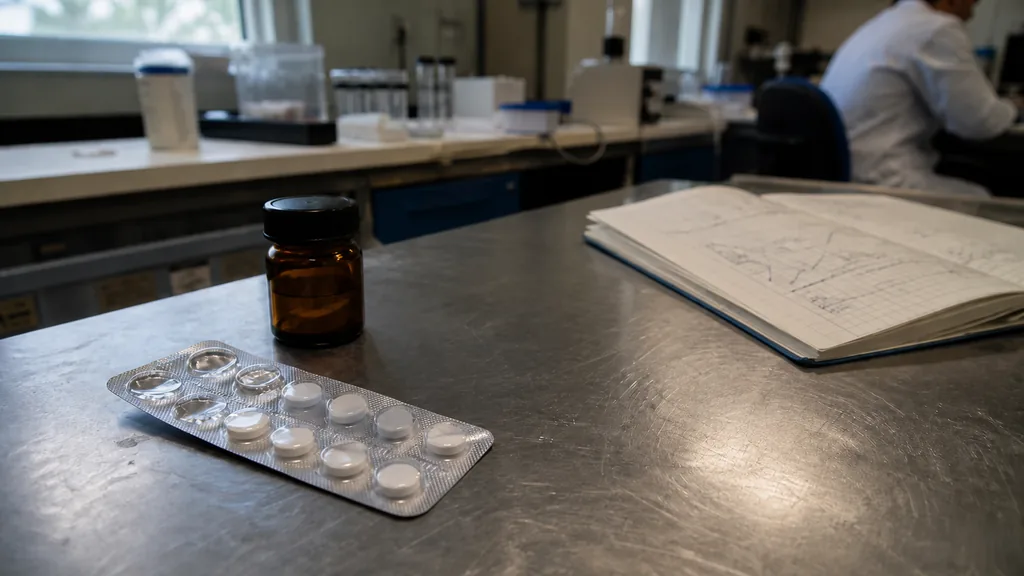 Oral GLP-1 research comparison with a tablet blister pack, amber sample bottle, and laboratory notebook on a real workbench
