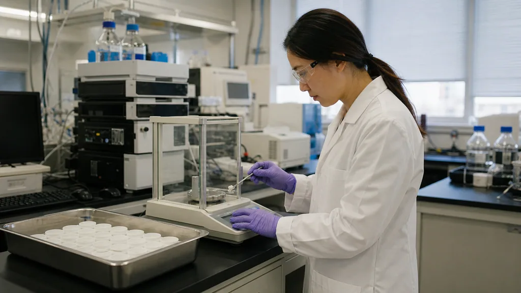 Formulation scientist weighing an unlabeled oral research sample beside chromatography equipment in a working laboratory