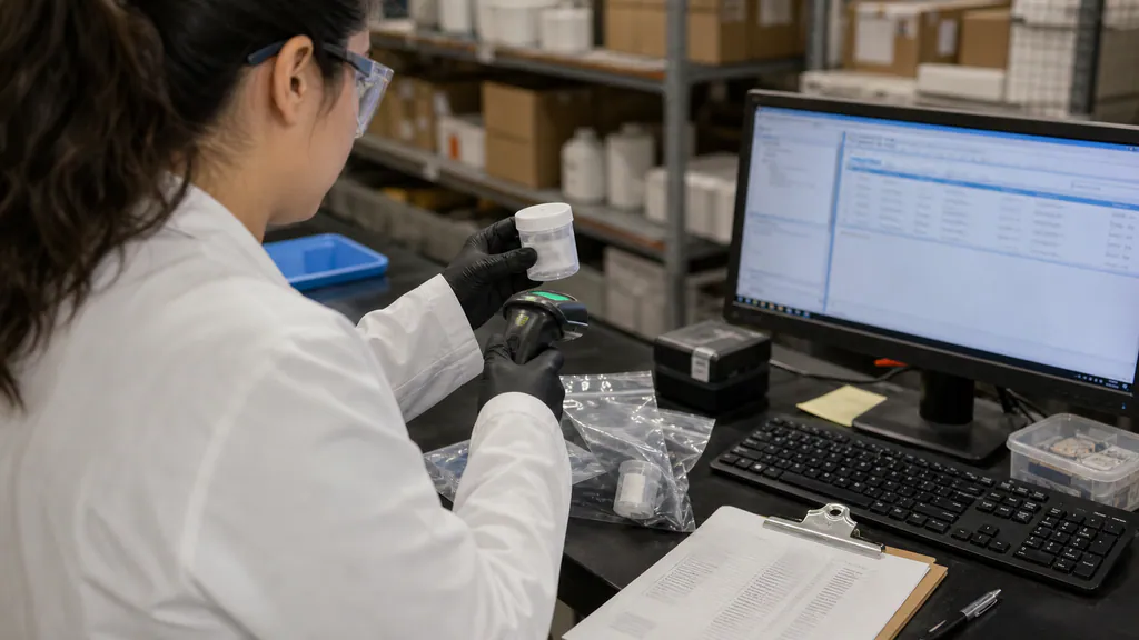 Quality technician scanning a sealed research sample and matching it to batch records at a receiving station