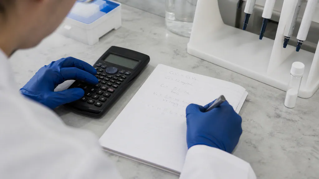 Laboratory calculator and notebook used to verify peptide concentration and volume equations
