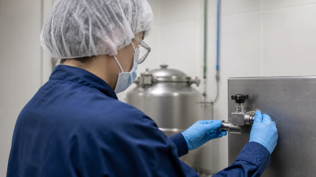 Cleanroom technician performing a close equipment check with a stainless process vessel softly visible behind