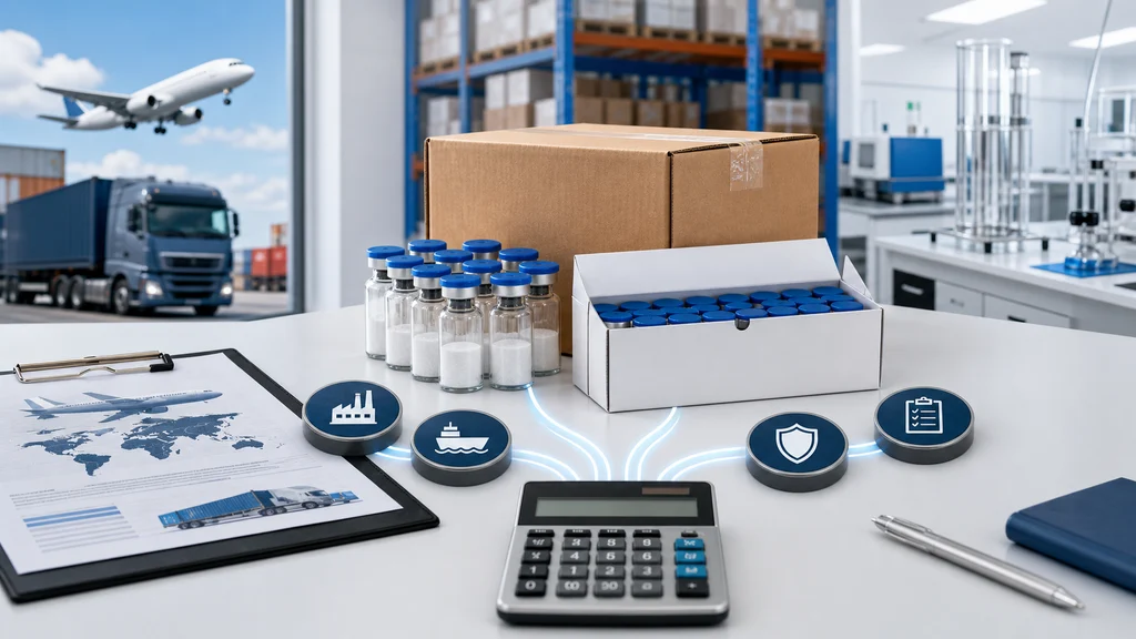 Wholesale peptide order with vials, cartons, freight routes, insurance, customs, and calculator representing landed cost