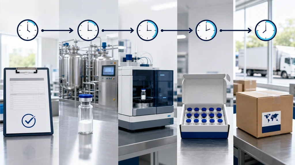 Five-stage peptide order timeline from approval through production, quality control, packaging, and delivery