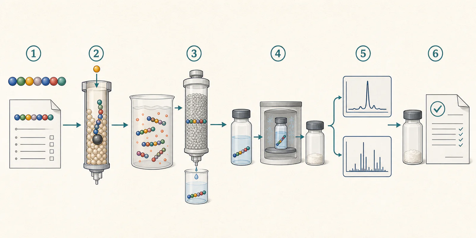 Six-stage peptide manufacturing process from sequence definition and resin-based synthesis through purification, lyophilization, analytical testing, and batch release