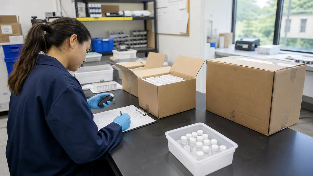 Operations coordinator checking peptide order quantities, cartons and vial specifications in a clean packaging room