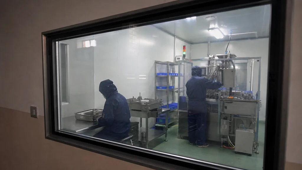 Factory audit view through an observation window with two cleanroom operators working at peptide OEM packaging stations
