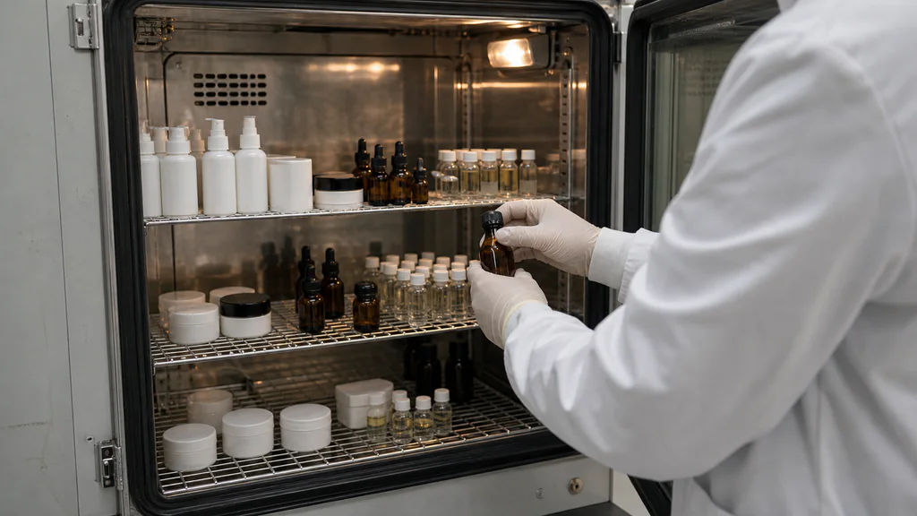 Laboratory technician removing an amber serum sample from a stability chamber holding mixed cosmetic packages