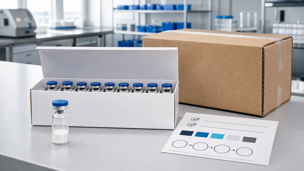 Peptide packaging system showing a sealed research vial, multi-vial box, shipping carton, and approved artwork sheet