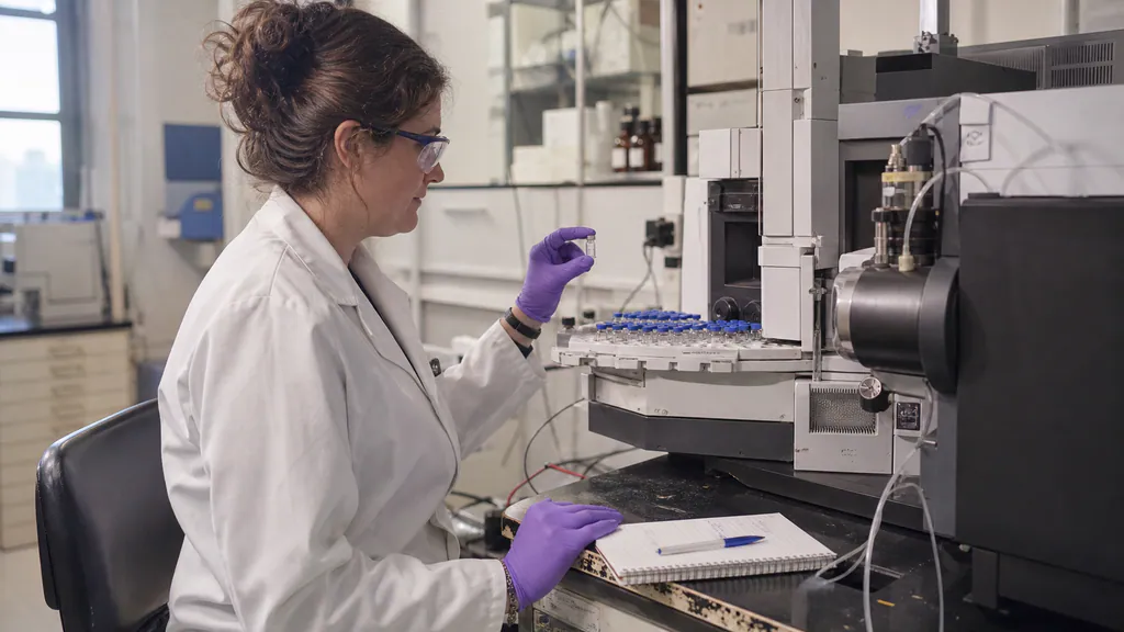 Analytical scientist operating chromatography and mass spectrometry equipment for peptide quality testing