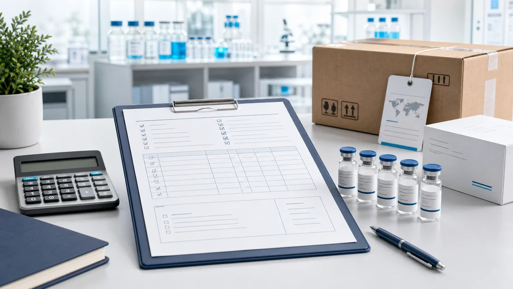 Complete peptide RFQ on a procurement desk with research vials, product box, calculator, and shipping carton