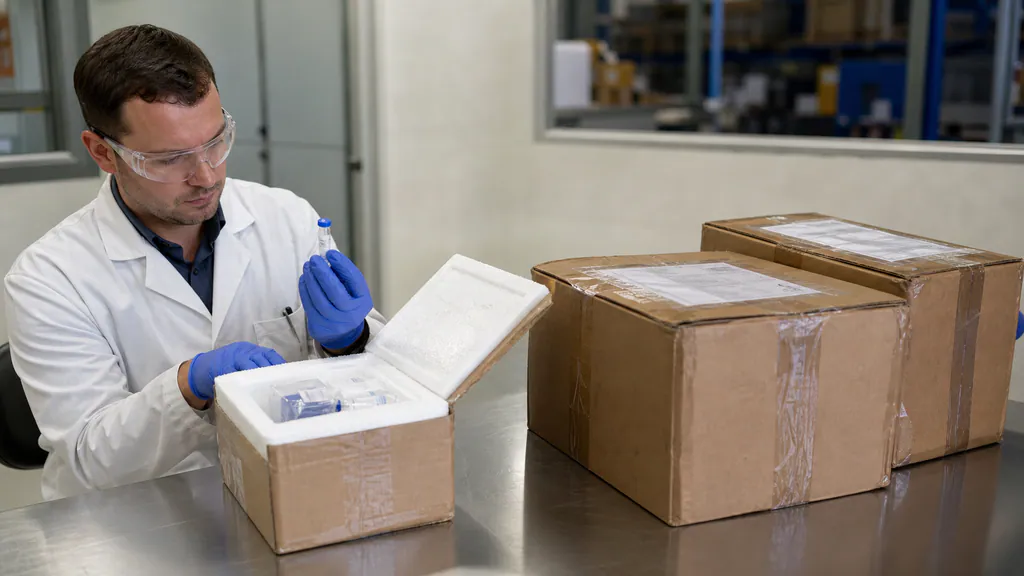 Quality technician comparing a small peptide evaluation parcel with sealed bulk-order cartons