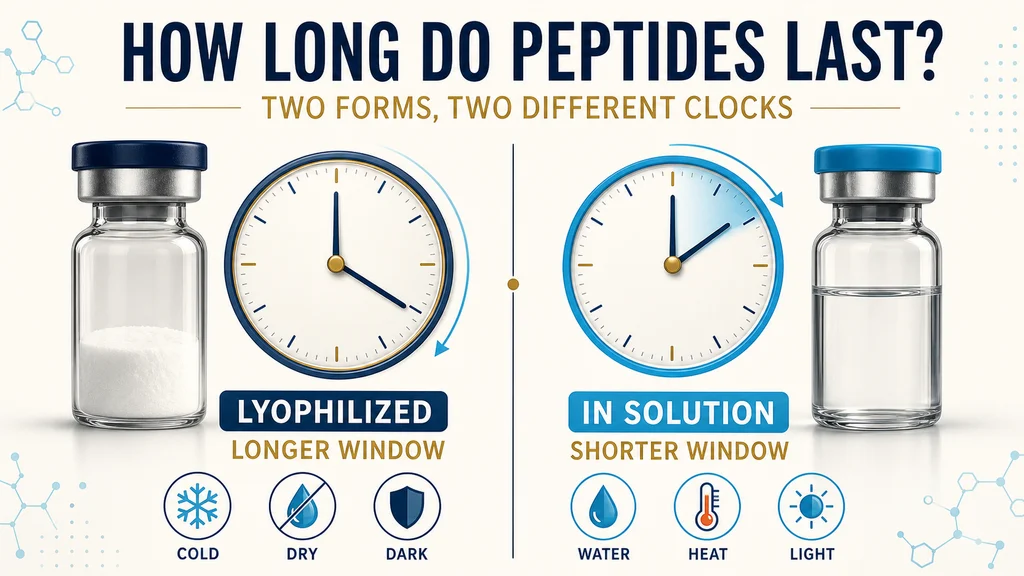Peptide shelf life infographic comparing the longer window of lyophilized powder with the shorter window of peptide solution