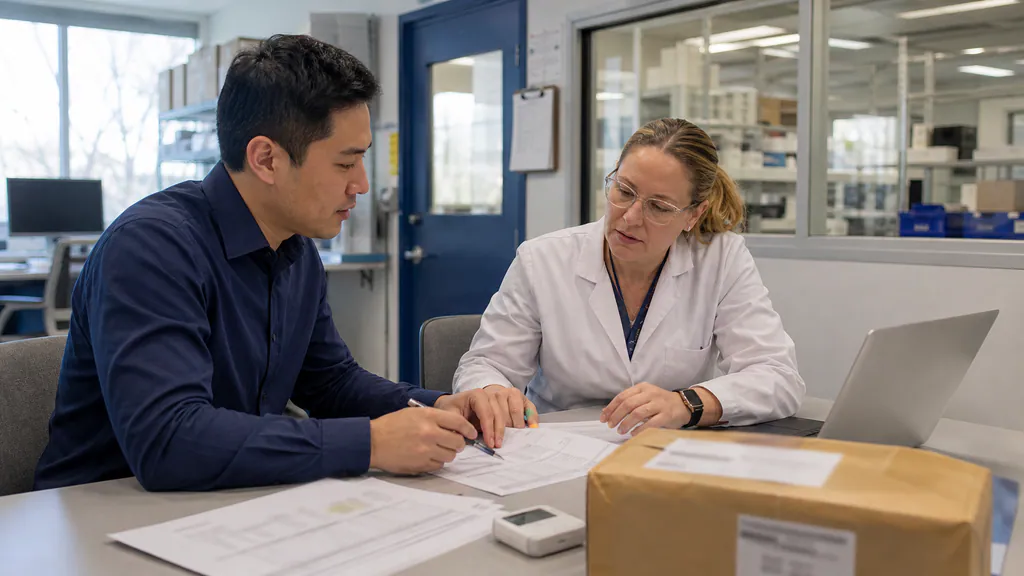 Technical buyer and quality scientist reviewing supplier documents and a sealed peptide sample parcel