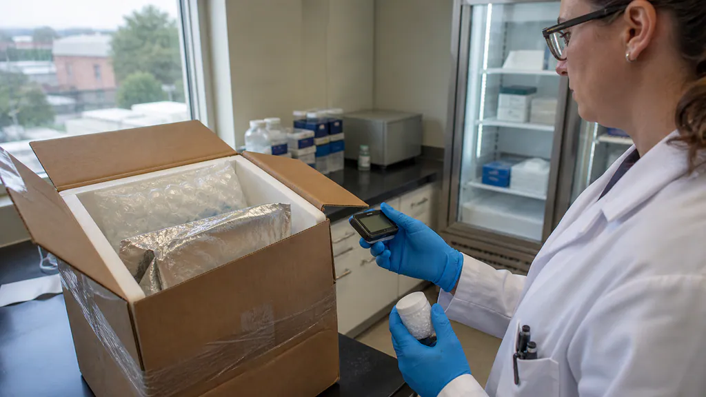 Laboratory technician checking a temperature logger inside an insulated research sample shipment