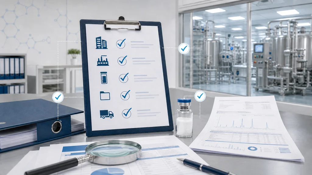 Peptide supplier audit desk with qualification checklist, vial, batch report, factory documents, and manufacturing facility