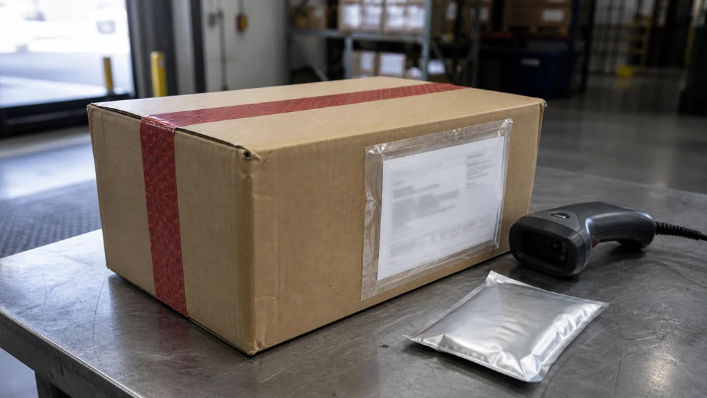 Sealed peptide shipment with tamper tape, shipping document, scanner, and thermal pouch at a receiving dock