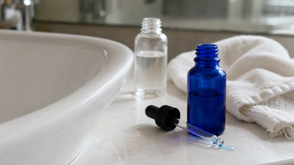 Open blue copper peptide serum bottle and dropper beside a bathroom sink in natural morning light
