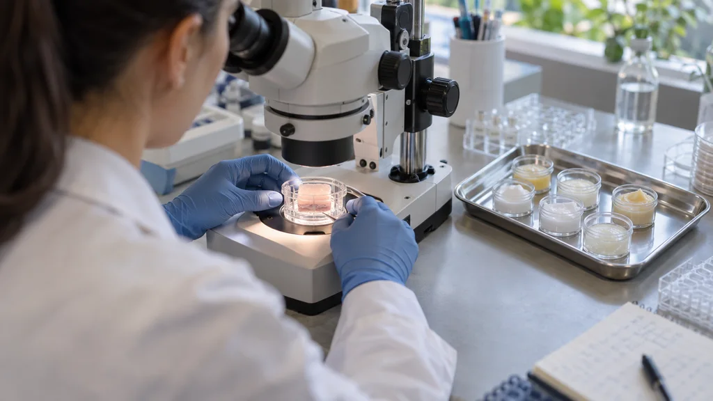 Researcher examining a realistic skin-tissue model beside microscopy and sample-preparation tools in a modern laboratory