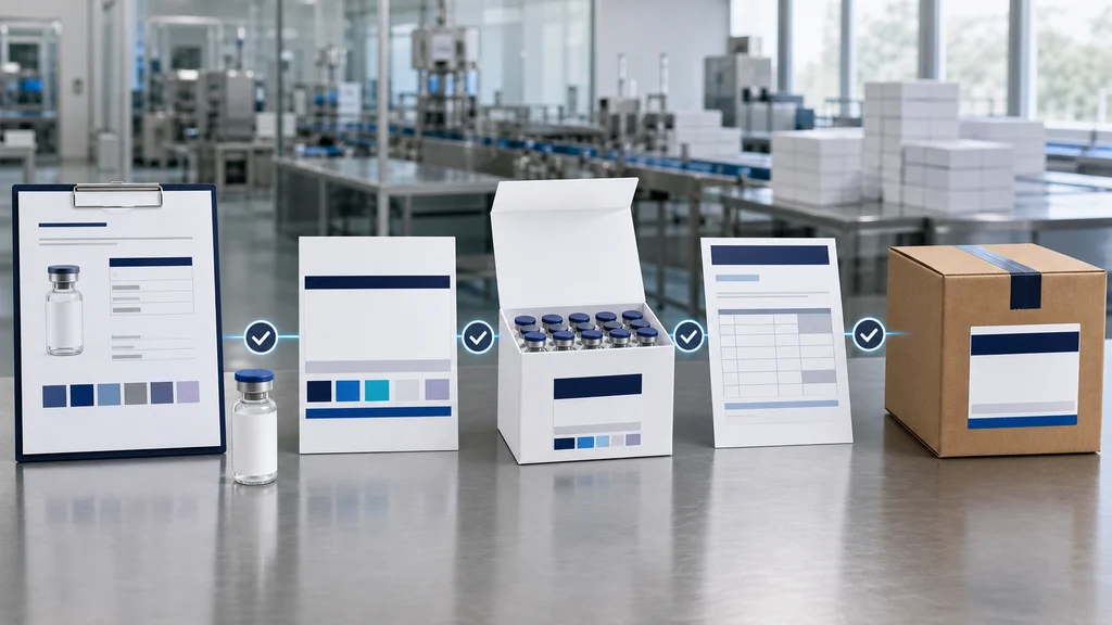 Private-label peptide launch flow from product approval and artwork to multi-vial box, batch documents, and first shipment