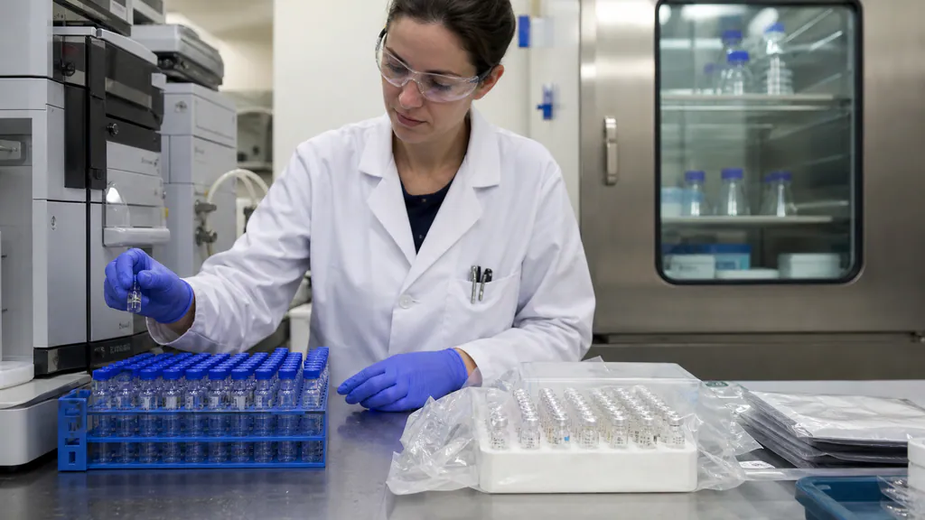 Laboratory scientist preparing separate analytical and microbiological peptide quality tests