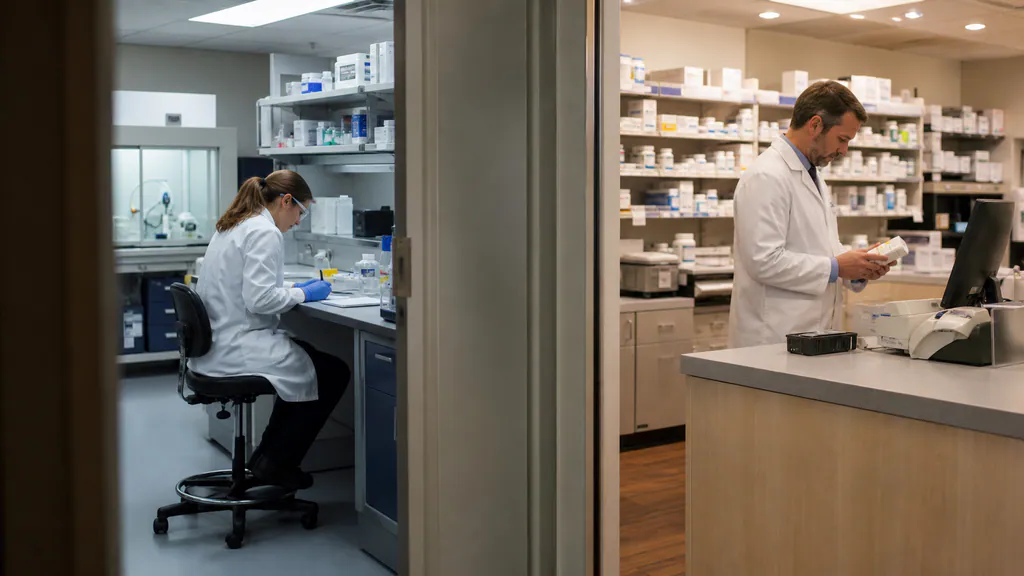 Separate research laboratory and licensed pharmacy workflows viewed through adjoining work areas