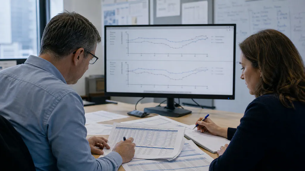 Clinical data scientists reviewing retatrutide Phase 3 endpoint charts and trial tables