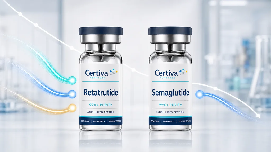 Certiva Retatrutide triple-signal and Semaglutide single-signal research vials compared in a bright laboratory