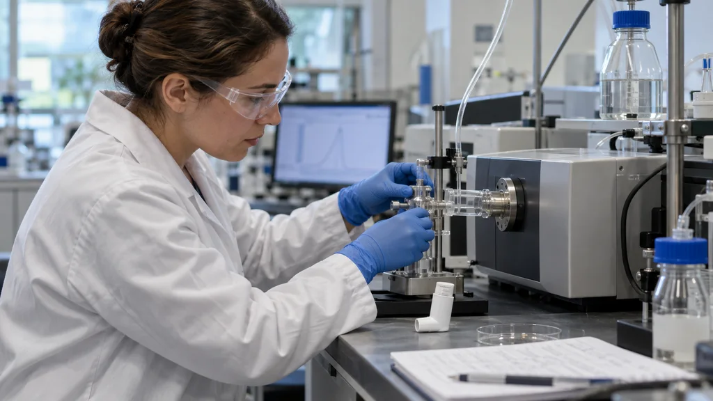 Formulation scientist inspecting an unlabeled dry-powder inhaler beside aerosol testing equipment in a real laboratory